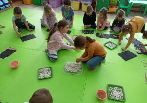 Dzieci podczas pracy plastycznej korzystające z nasion fasoli i ciecierzycy.